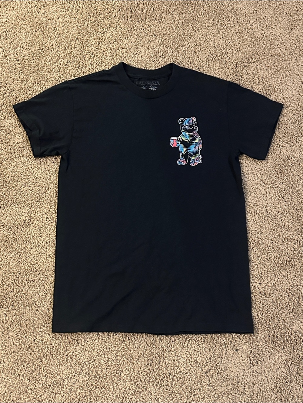riot society Black Tee with Neon Tropical Bear Chest Graphic